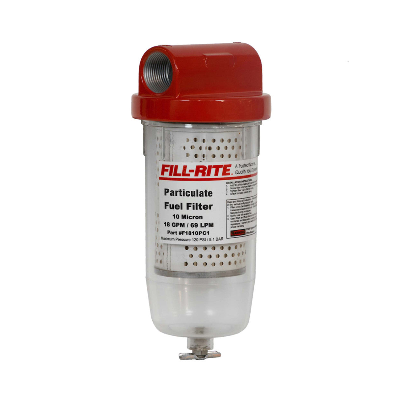 Fill-Rite F1810PC1 18 GPM, Clear Bowl 10 Micron Filter. Clear Bowl has Drain Valve. Filter Head Included. 1" NPT Inlet and Outlet. Replacement Element is 1200R9146. - MPR Tools & Equipment