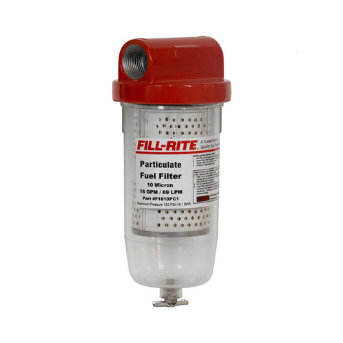 Fill-Rite F1810PC1 18 GPM, Clear Bowl 10 Micron Filter. Clear Bowl has Drain Valve. Filter Head Included. 1" NPT Inlet and Outlet. Replacement Element is 1200R9146. - MPR Tools & Equipment