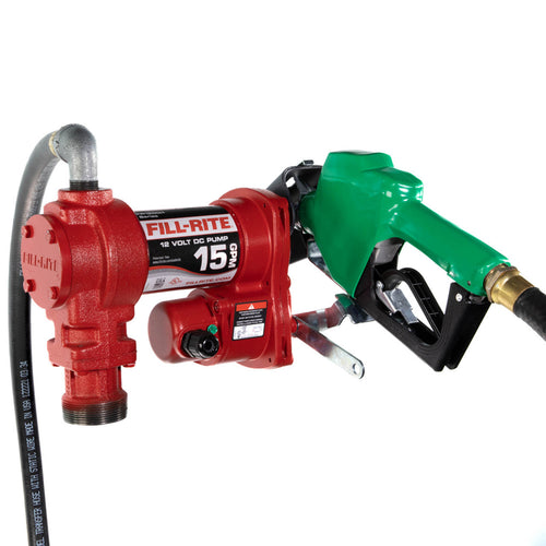 Fill-Rite FR1210HA1 15 GPM, 12V DC Pump, 3/4" X 12' Hose, 3/4" Automatic Nozzle (Leaded Spout And Green Cover), 5' Ground Wire, 18' 12 Gauge 2 Wire Battery Cable, Telescoping Steel Suction Pipe (20" To 341/2"). - MPR Tools & Equipment