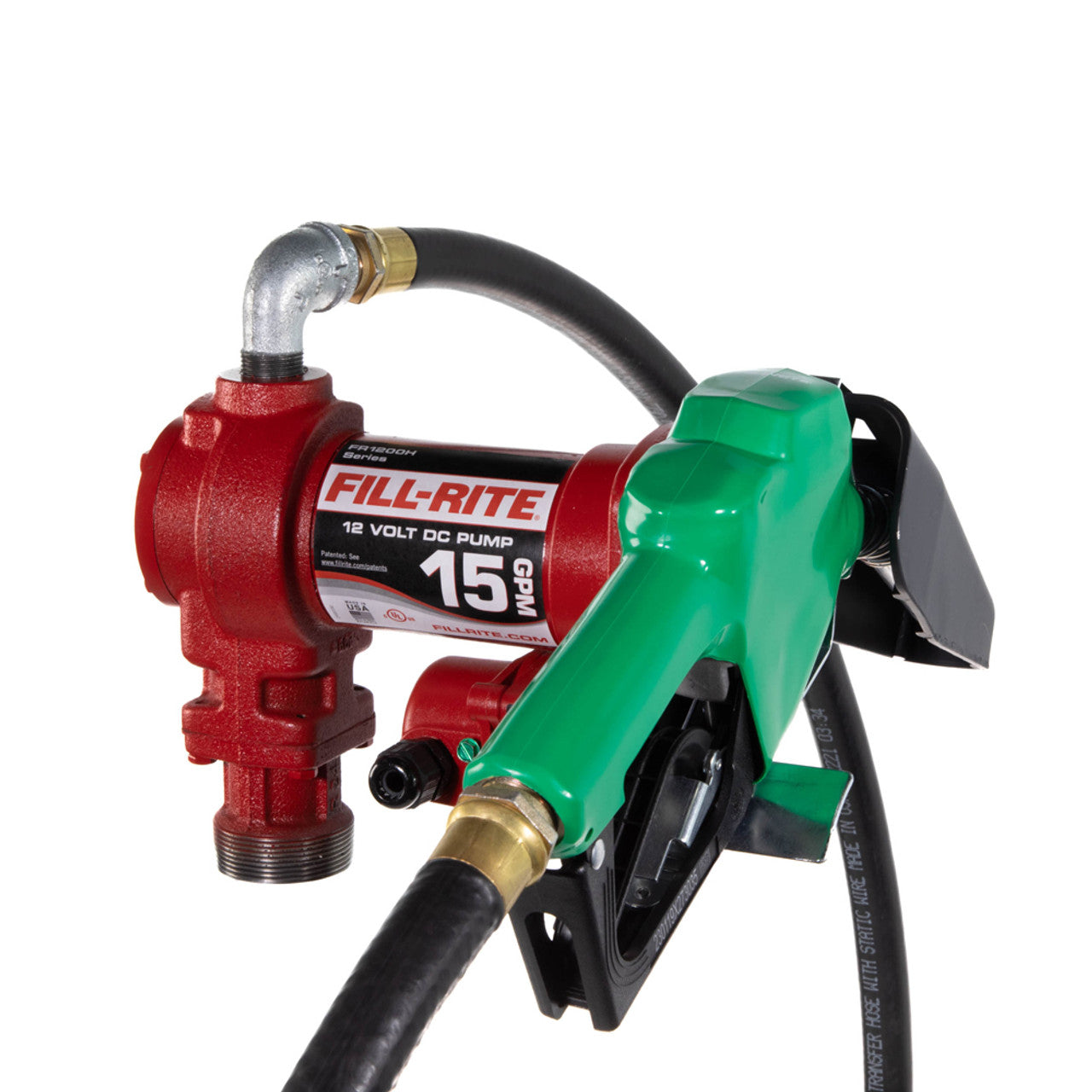 Fill-Rite FR1210HA1 15 GPM, 12V DC Pump, 3/4" X 12' Hose, 3/4" Automatic Nozzle (Leaded Spout And Green Cover), 5' Ground Wire, 18' 12 Gauge 2 Wire Battery Cable, Telescoping Steel Suction Pipe (20" To 341/2"). - MPR Tools & Equipment