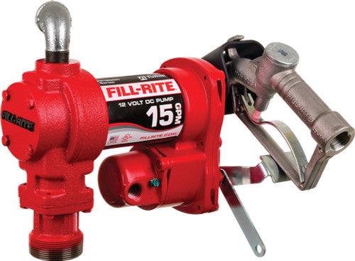 Fill-Rite FR1210HN 15 GPM, 12V DC Pump, 5' Ground Wire, 18' 12 Gauge 2 Wire Battery Cable, Telescoping Steel Suction Pipe (20" to 341/2"). - MPR Tools & Equipment