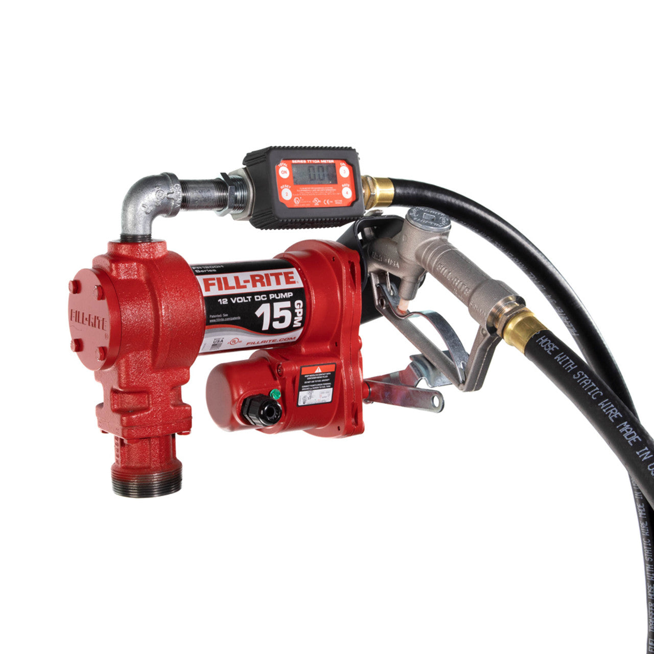 Fill-Rite FR1219H 15 GPM, 12V DC Pump, 5' Ground Wire, 18' 12 Gauge 2 Wire Battery Cable, Telescoping Steel Suction Pipe (20" to 341/2"), and TT10AN digital meter plus fittings - MPR Tools & Equipment