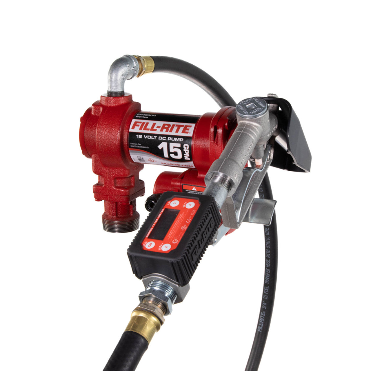 Fill-Rite FR1219H 15 GPM, 12V DC Pump, 5' Ground Wire, 18' 12 Gauge 2 Wire Battery Cable, Telescoping Steel Suction Pipe (20" to 341/2"), and TT10AN digital meter plus fittings - MPR Tools & Equipment