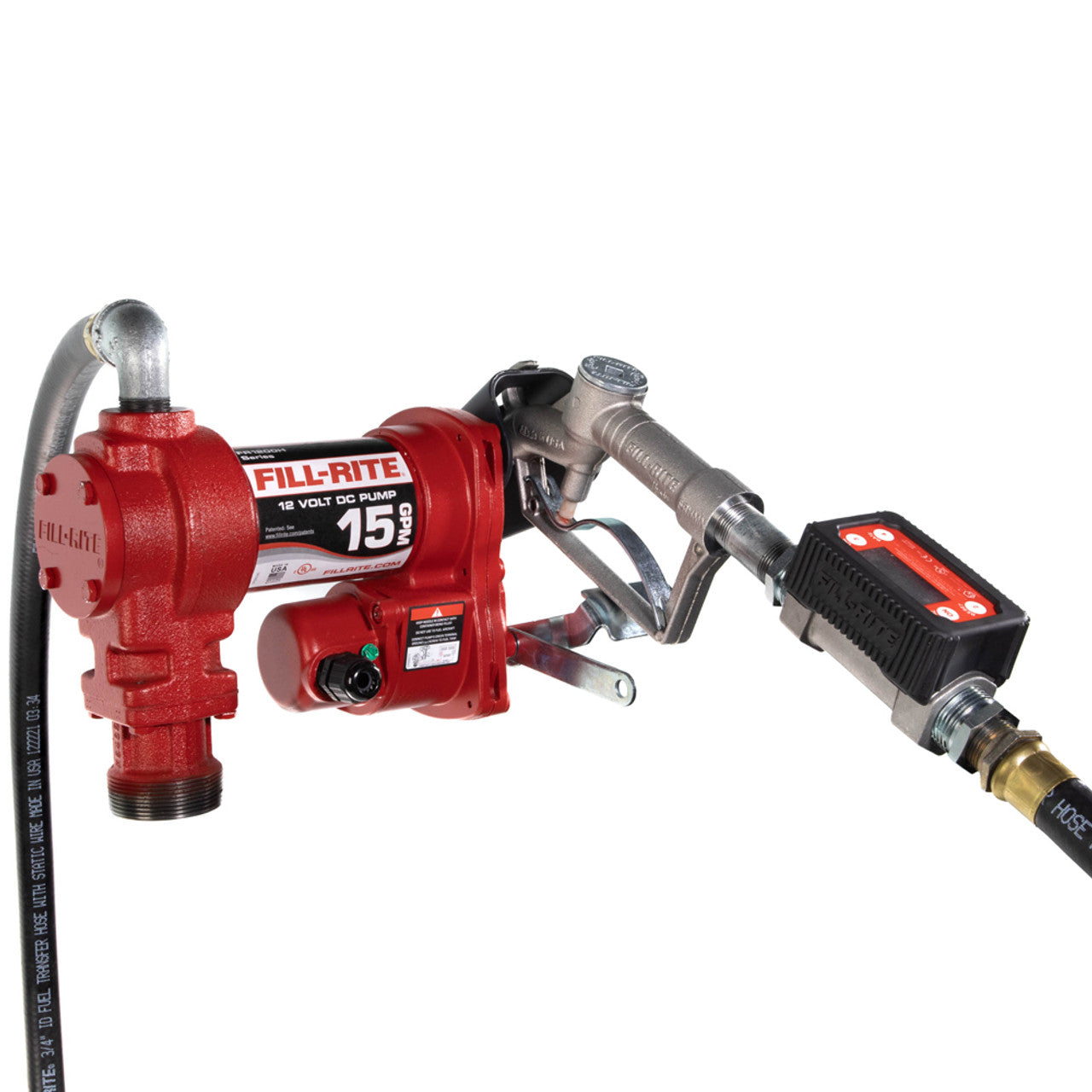 Fill-Rite FR1219H 15 GPM, 12V DC Pump, 5' Ground Wire, 18' 12 Gauge 2 Wire Battery Cable, Telescoping Steel Suction Pipe (20" to 341/2"), and TT10AN digital meter plus fittings - MPR Tools & Equipment