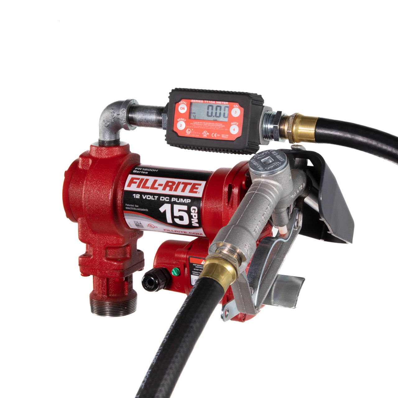 Fill-Rite FR1219H 15 GPM, 12V DC Pump, 5' Ground Wire, 18' 12 Gauge 2 Wire Battery Cable, Telescoping Steel Suction Pipe (20" to 341/2"), and TT10AN digital meter plus fittings - MPR Tools & Equipment