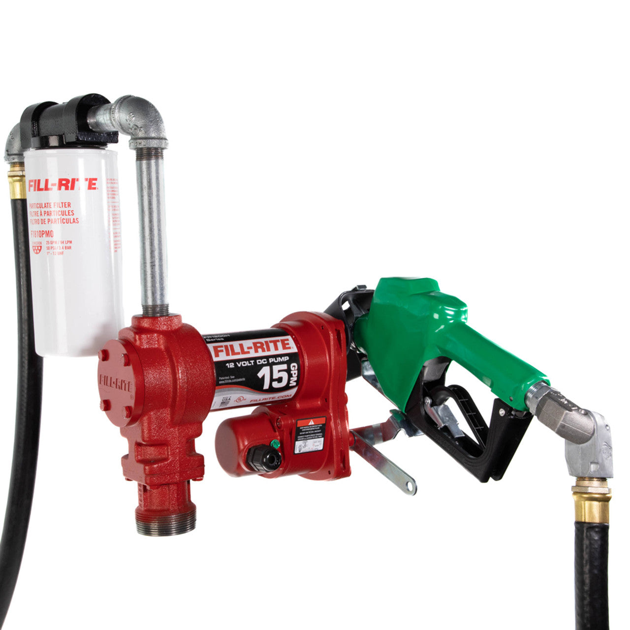 Fill-Rite FR1220HDSFQ 15 GPM, 12V DC High Flow Pump, 3/4" X 18' Hose, 3/4" Automatic Diesel Nozzle (Green Boot), 5' Ground - MPR Tools & Equipment