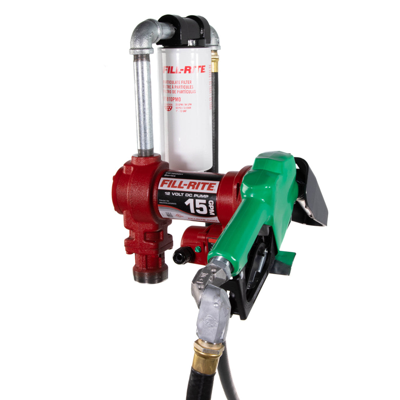 Fill-Rite FR1220HDSFQ 15 GPM, 12V DC High Flow Pump, 3/4" X 18' Hose, 3/4" Automatic Diesel Nozzle (Green Boot), 5' Ground - MPR Tools & Equipment