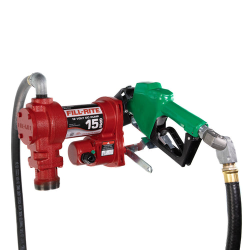 Fill-Rite FR1220HDSQ 15 GPM, 12V DC High Flow Pump, 3/4" X 18' Hose, 3/4" Automatic Diesel Nozzle (Green Boot), 5' Ground Wire, 18' 12 Gauge 2 Wire Battery Cable, Telescoping Steel Suction Pipe (20" To 341/2"), 3/4" Multi-Plane Swivel - MPR Tools & Equipment