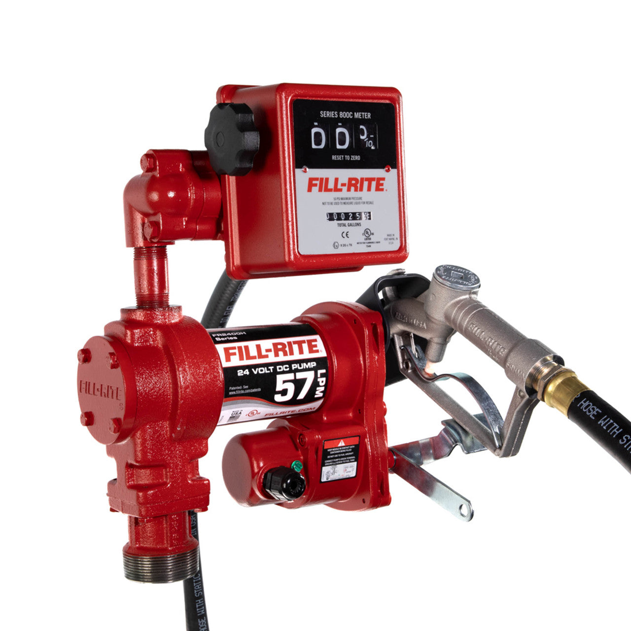 Fill-Rite FR2411H 15 GPM, 24V DC Pump, 3/4" X 12' Hose, 3/4" Manual Nozzle, 5' Ground Wire, 18' 12 Gauge 2 Wire Battery Cable, Telescoping Steel Suction Pipe (20" To 341/2"), 807C Gallon Meter. - MPR Tools & Equipment