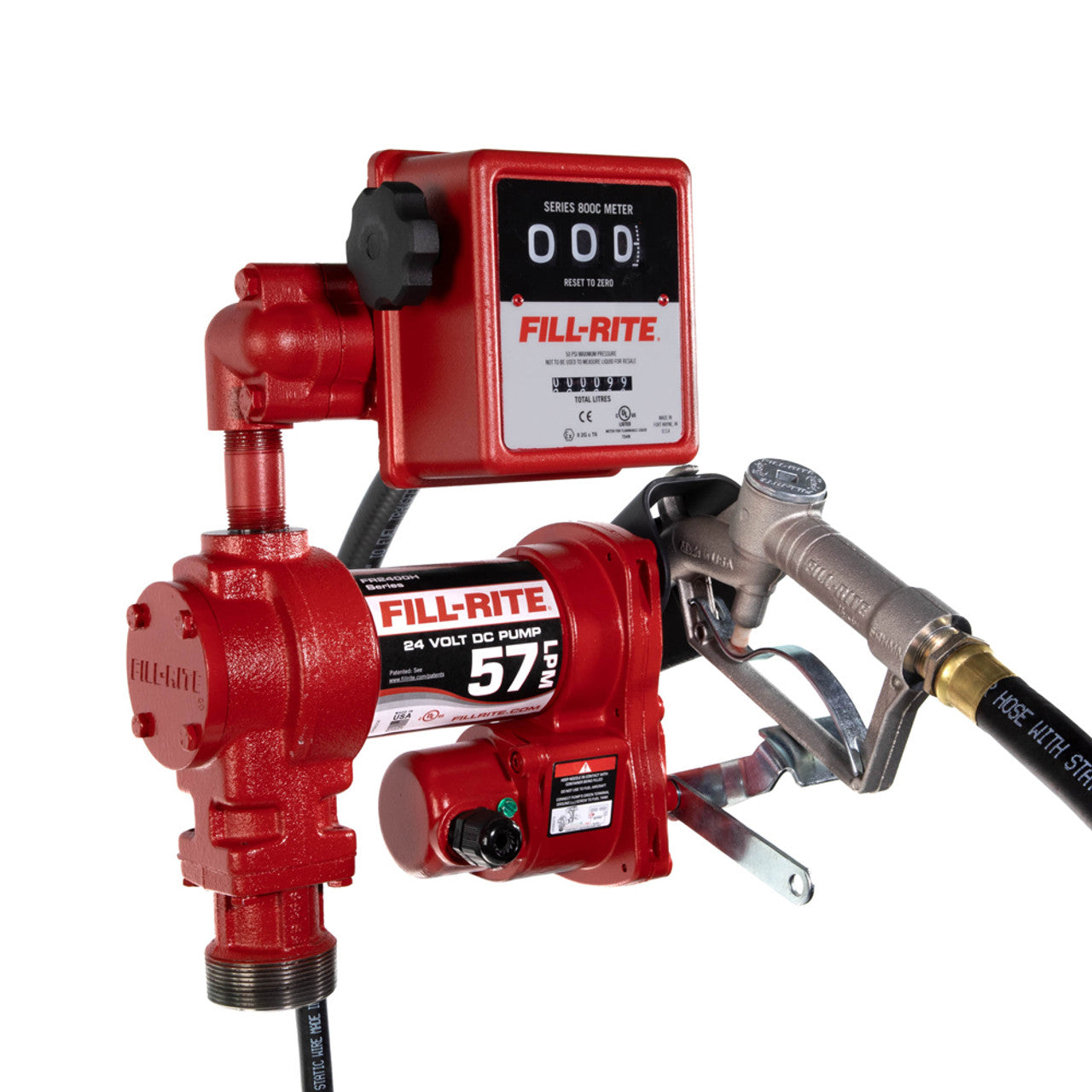 Fill-Rite FR2411HL 15 GPM, 24V DC Pump, 3/4" X 12' Hose, 3/4" Manual Nozzle, 5' Ground Wire, 18' 12 Gauge 2 Wire Battery Cable, Telescoping Steel Suction Pipe (20" To 341/2"), 807CL Liter Meter. - MPR Tools & Equipment