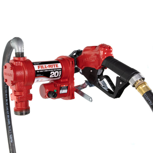 Fill-Rite FR4210HB 20 GPM, 12V DC High Flow Pump, 1" X 12' Hose, 1" Ultra High Flow Automatic Nozzle (Truck Stop Spout And Red Cover), 5' Ground Wire, 18' 12 Gauge 2 Wire Battery Cable, Telescoping Steel Suction Pipe (20" To 341/2"). - MPR Tools & Equipment