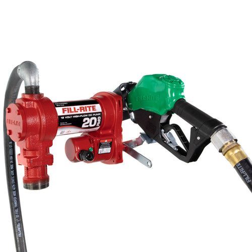 Fill-Rite FR4210HD 20 GPM, 12V DC High Flow Pump, 1" X 12' Hose, 1" Automatic Diesel Nozzle (Green Boot), 5' Ground Wire, 18' 12 Gauge 2 Wire Battery Cable, Telescoping Steel Suction Pipe (20" To 341/2") - MPR Tools & Equipment