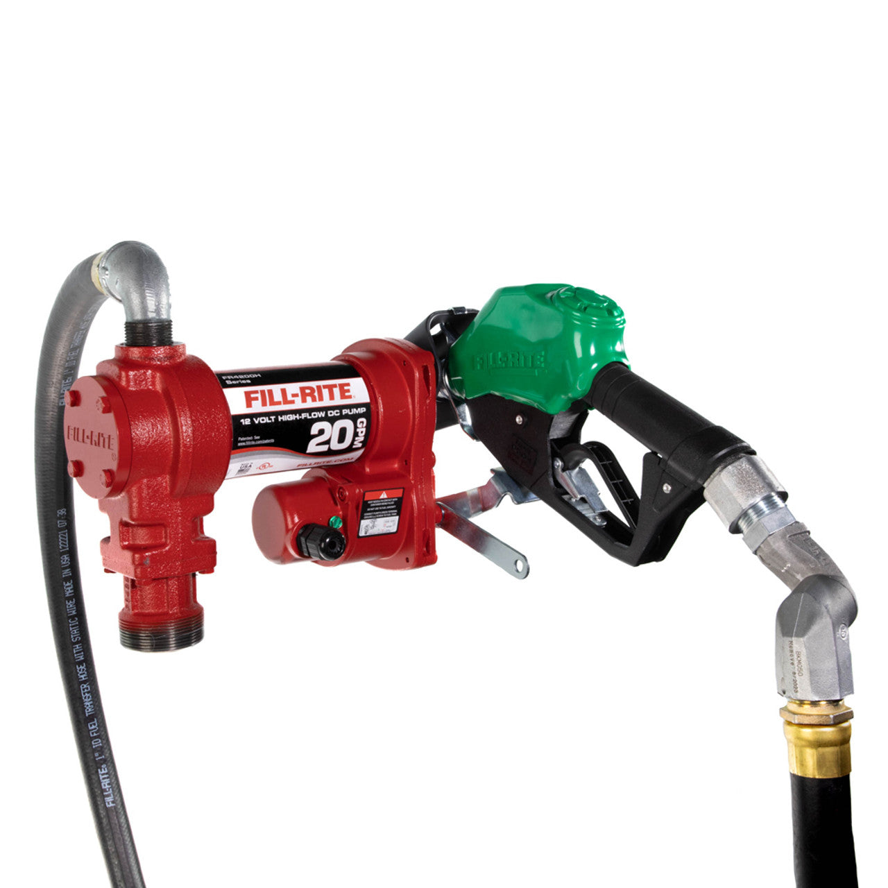 Fill-Rite FR4210HDS 20 GPM, 12V DC High Flow Pump, 1" X 12' Hose, 1" Automatic Diesel Nozzle (Green Boot), 5' Ground Wire, 18' 12 Gauge 2 Wire Battery Cable, Telescoping Steel Suction Pipe (20" To 341/2"), 1" Multi-Plane Swivel - MPR Tools & Equipment