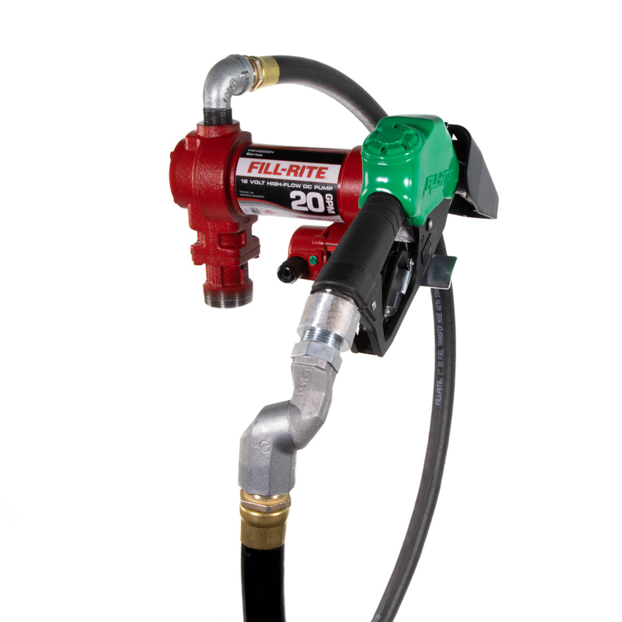 Fill-Rite FR4210HDS 20 GPM, 12V DC High Flow Pump, 1" X 12' Hose, 1" Automatic Diesel Nozzle (Green Boot), 5' Ground Wire, 18' 12 Gauge 2 Wire Battery Cable, Telescoping Steel Suction Pipe (20" To 341/2"), 1" Multi-Plane Swivel - MPR Tools & Equipment