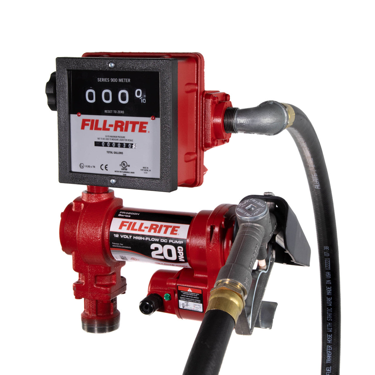 Fill-Rite FR4211H 20 GPM, 12V DC High Flow Pump, 1" x 12' Hose, 1" Manual Nozzle, 5' Ground Wire, 18' 12 Gauge 2 Wire Battery Cable, Telescoping Steel Suction Pipe (20" to 341/2"). 901 Gallons Meter. - MPR Tools & Equipment