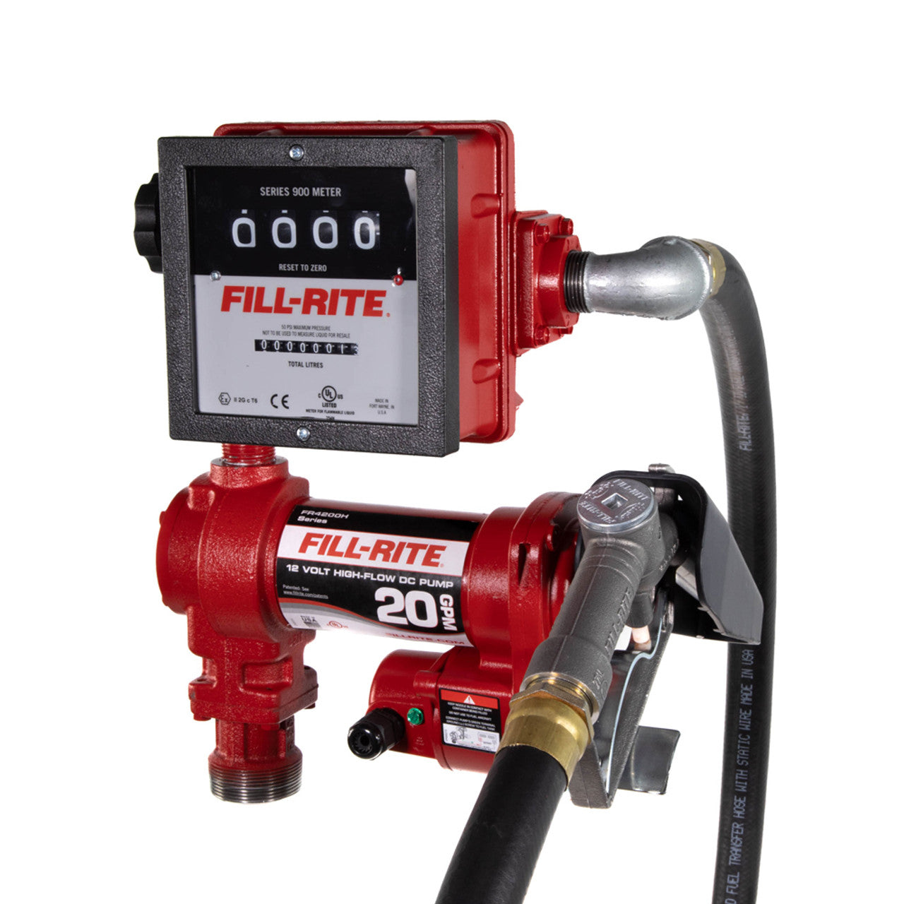 Fill-Rite FR4211HL 76 LPM, 12V DC High Flow Pump, 1" x 12' Hose, 1" Manual Nozzle, 5' Ground Wire, 18' 12 Gauge 2 Wire Battery Cable, Telescoping Steel Suction Pipe (20" to 341/2"). 901L Liter Meter. - MPR Tools & Equipment