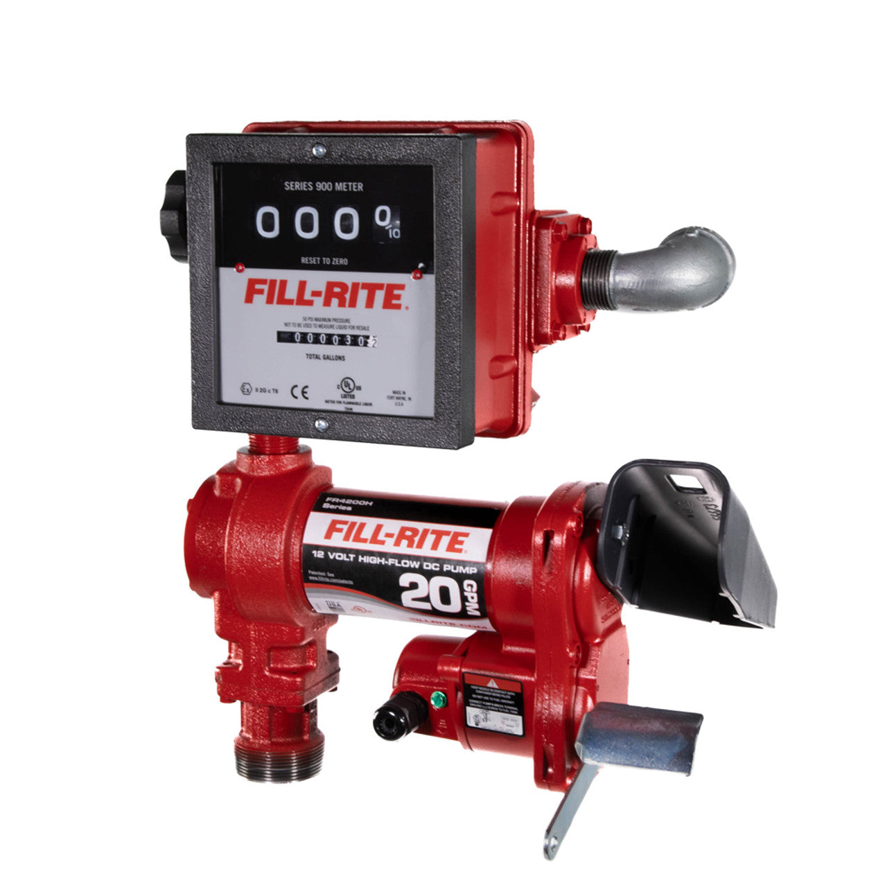 Fill-Rite FR4211HN 20 GPM, 12V DC Pump, 5' Ground Wire, 18' 12 Gauge 2 Wire Battery Cable, Telescoping Steel Suction Pipe (20" to 341/2"), and 901C Gallon meter - MPR Tools & Equipment