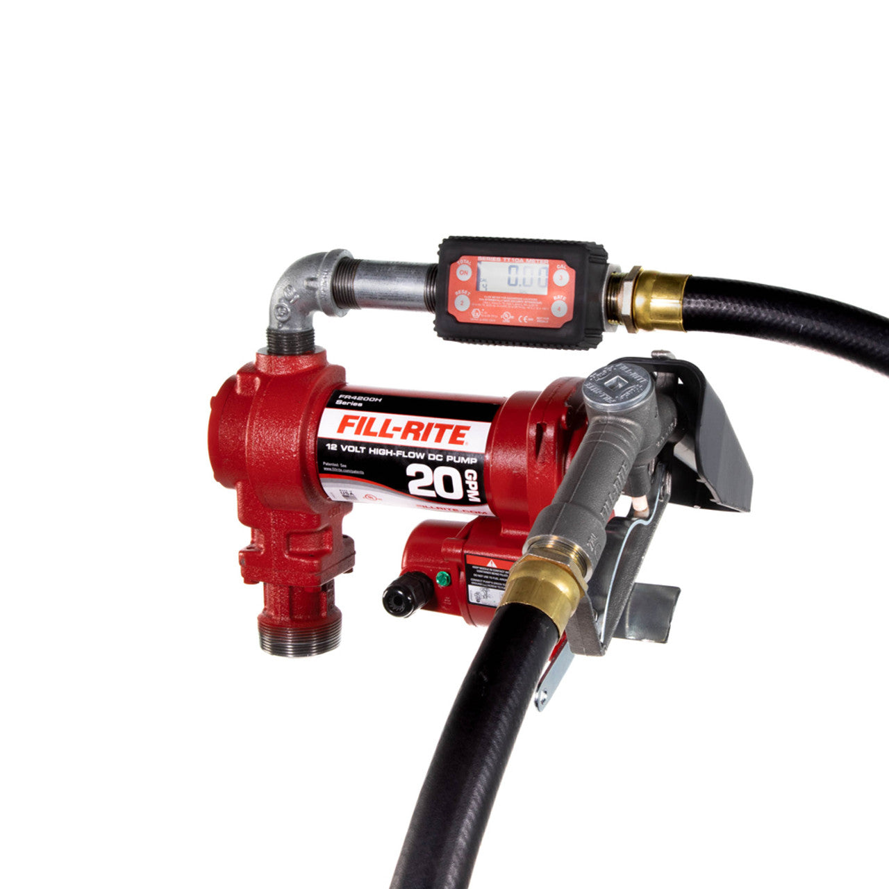 Fill-Rite FR4219H 20 GPM, 12V DC Pump, 5' Ground Wire, 18' 12 Gauge 2 Wire Battery Cable, Telescoping Steel Suction Pipe (20" to 341/2") and TT10AN digital meter plus fittings - MPR Tools & Equipment