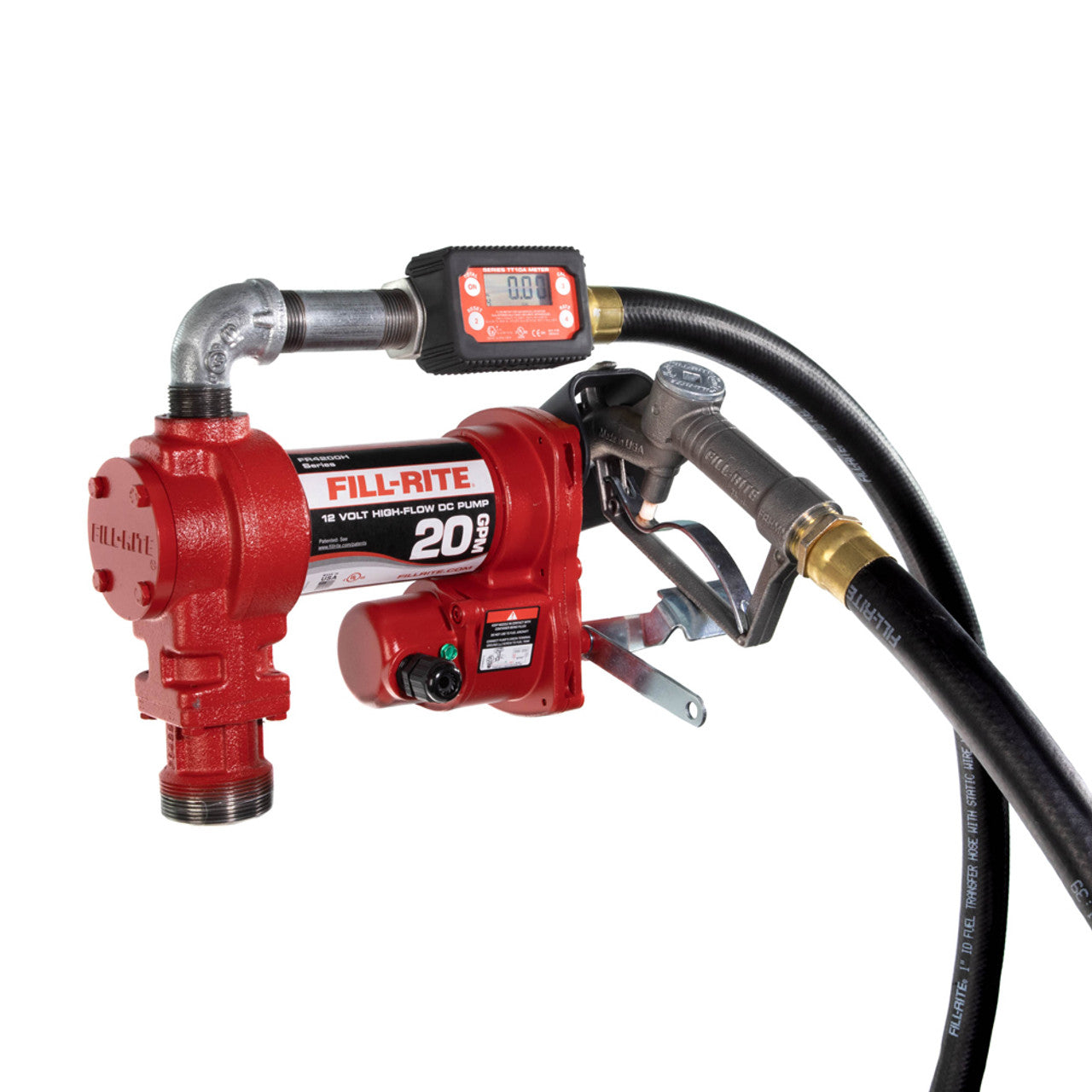 Fill-Rite FR4219H 20 GPM, 12V DC Pump, 5' Ground Wire, 18' 12 Gauge 2 Wire Battery Cable, Telescoping Steel Suction Pipe (20" to 341/2") and TT10AN digital meter plus fittings - MPR Tools & Equipment