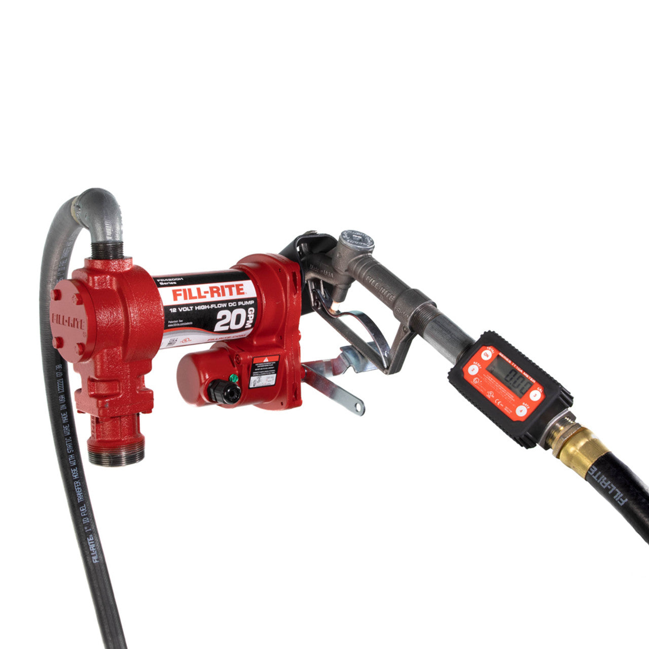 Fill-Rite FR4219H 20 GPM, 12V DC Pump, 5' Ground Wire, 18' 12 Gauge 2 Wire Battery Cable, Telescoping Steel Suction Pipe (20" to 341/2") and TT10AN digital meter plus fittings - MPR Tools & Equipment