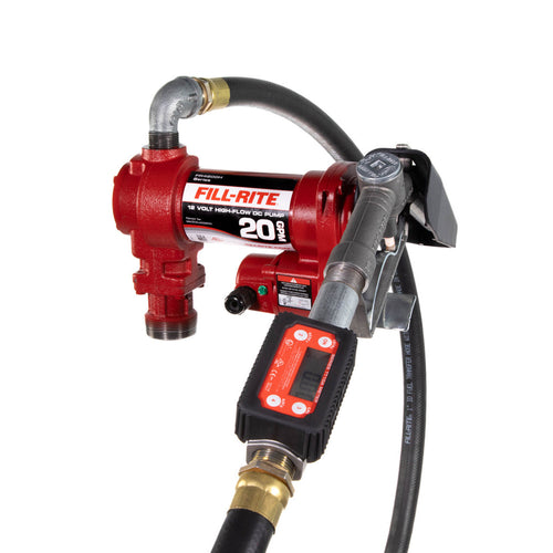 Fill-Rite FR4219H 20 GPM, 12V DC Pump, 5' Ground Wire, 18' 12 Gauge 2 Wire Battery Cable, Telescoping Steel Suction Pipe (20" to 341/2") and TT10AN digital meter plus fittings - MPR Tools & Equipment