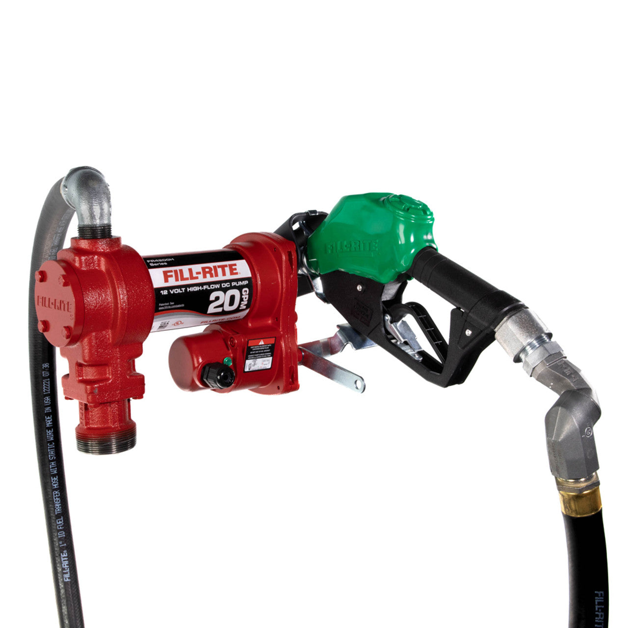 Fill-Rite FR4220HDSQ 20 GPM, 12V DC High Flow Pump, 1" X 18' Hose, 1" Automatic Diesel Nozzle (Green Boot), 5' Ground Wire, 18' 12 Gauge 2 Wire Battery Cable, Telescoping Steel Suction Pipe (20" To 341/2"), 1" Multi-Plane Swivel - MPR Tools & Equipment