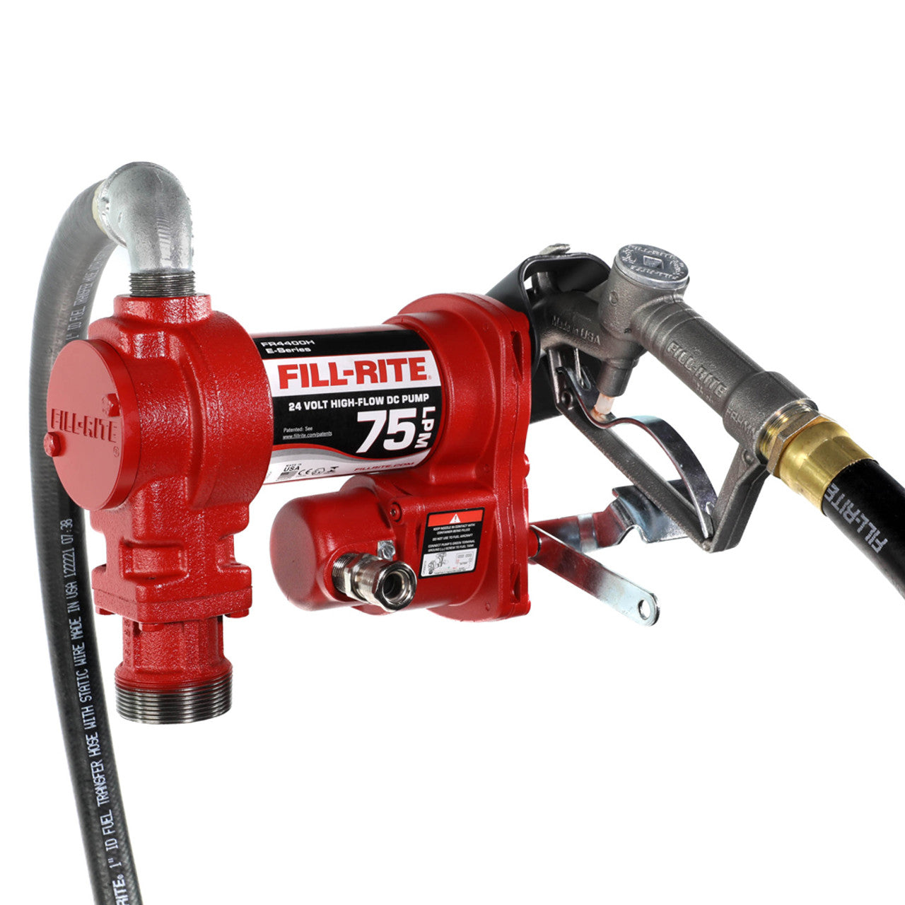 Fill-Rite FR4410H 20 GPM, 24V DC High Flow Pump, 1" X 12' Hose, 1" Manual Nozzle, 5' Ground Wire, 18' 12 Gauge 2 Wire Battery Cable, Telescoping Steel Suction Pipe (20" To 341/2"). - MPR Tools & Equipment