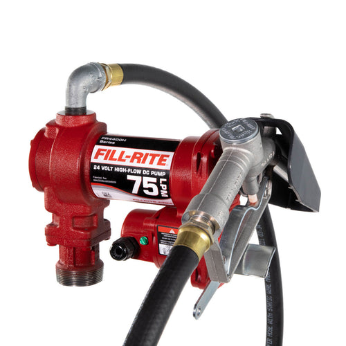 Fill-Rite FR4410H 20 GPM, 24V DC High Flow Pump, 1" X 12' Hose, 1" Manual Nozzle, 5' Ground Wire, 18' 12 Gauge 2 Wire Battery Cable, Telescoping Steel Suction Pipe (20" To 341/2"). - MPR Tools & Equipment