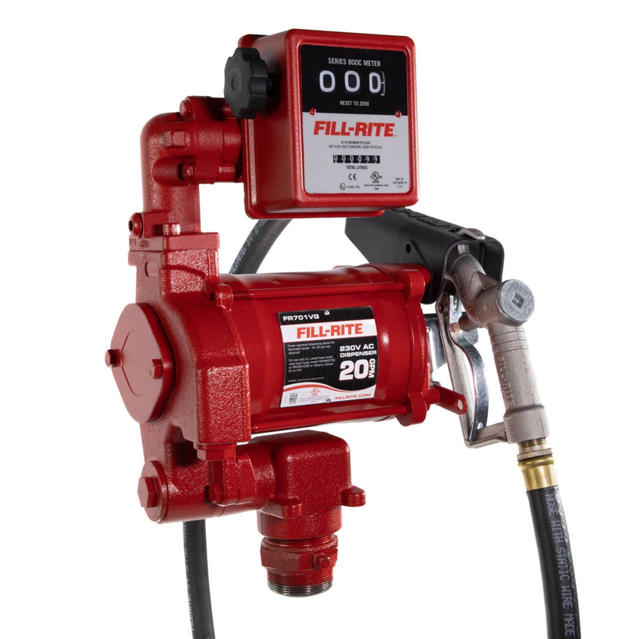 Fill-Rite FR701VGL 57 LPM, 220V AC 50/60 Hz Pump, 3/4" X 12' Hose, 3/4" Manual Nozzle, 807C Liter Meter - MPR Tools & Equipment