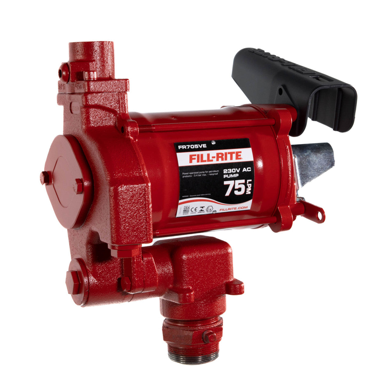 Fill-Rite FR705VE 68 LPM, 230V AC 50/60 Hz Pump, No Accessories. 1" BSPT Discharge. Bung - 2" Threads are BSPT, ¼" Return Line Port is BSPT, Suction Port is 1" BSPP. - MPR Tools & Equipment