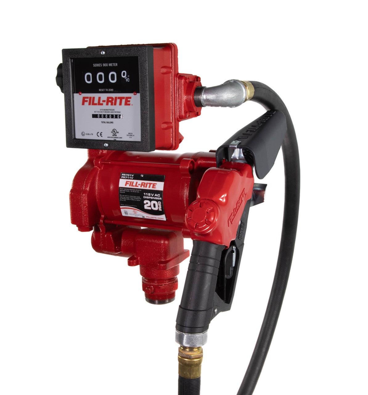 Fill-Rite FR711VA 19 GPM, 115V AC 60 Hz High Flow Pump, 1" X 18' Hose, 1" Ultra High Flow Automatic Nozzle (Truck Stop Spout And Red Cover), 901C Gallon Meter. - MPR Tools & Equipment