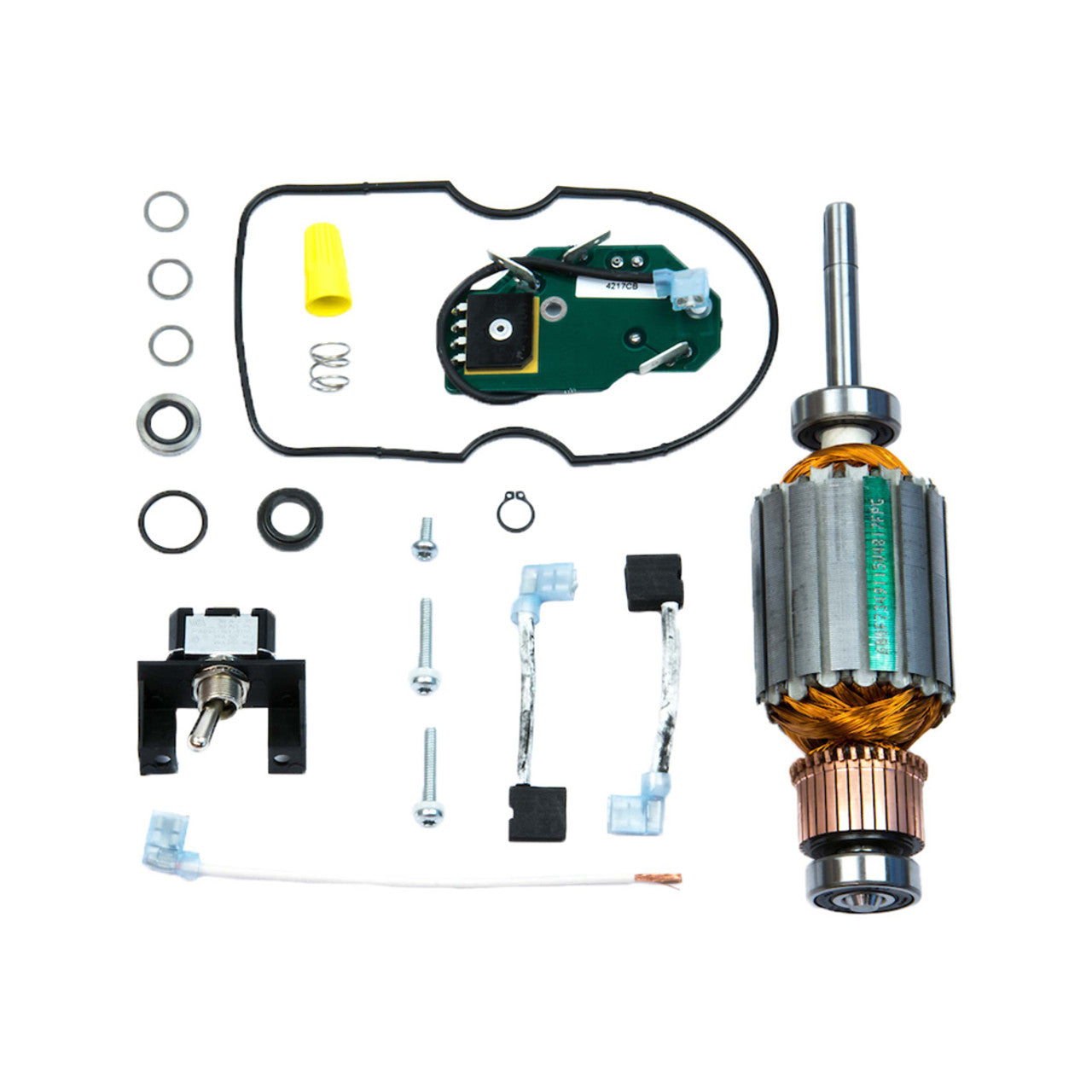 Fill-Rite KIT124ARM Motor Kit for 600 Series Pumps. Contains Armature, Line Switch, Switch Plate Gasket, Circuit Board, Brush Assembly (2), Brush Holder Assembly, Black Connection Wires (2), and Motor Shaft Seal (for the Pump Side). - MPR Tools & Equipment