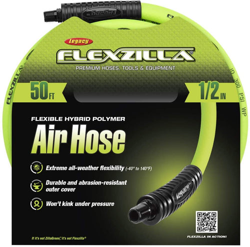 Flexzilla Air Hose. 1/2 in. x 50 ft. 3/8 in. MNPT Fittings Heavy Duty. Lightweight. Hybrid. ZillaGreen - HFZ1250YW3 - MPR Tools & Equipment