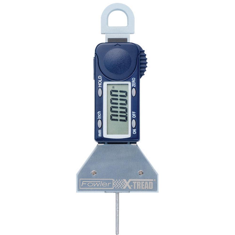 Fowler High Precision 74-225-500 X-Tread Digital Tire Tread Depth Gauge with large LCD display, HOLD and ZERO buttons, and stainless steel base
