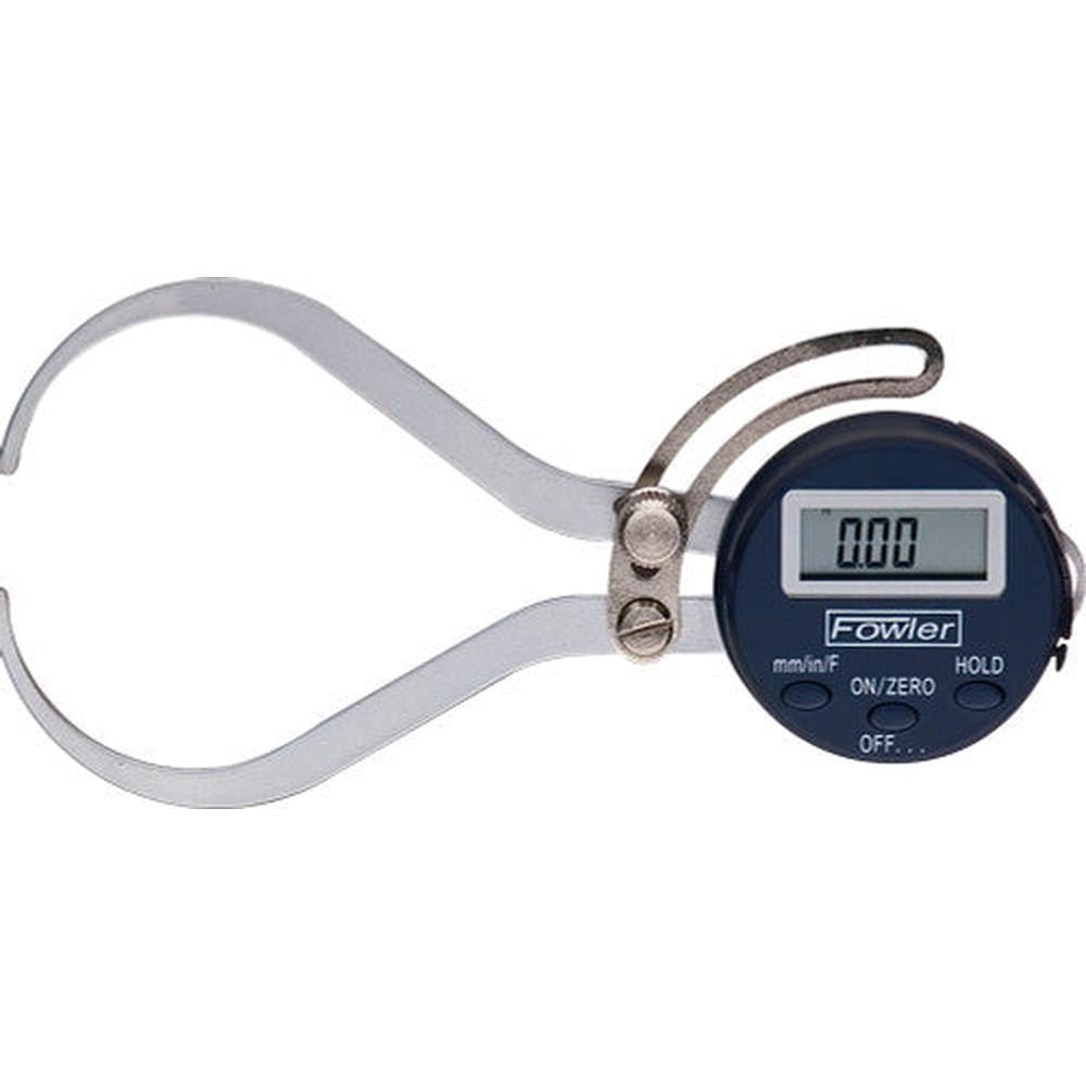 Fowler 74-554-630 6" Outside Digital Caliper with curved spring-loaded arms, locking nut, and large LCD display showing 0.00