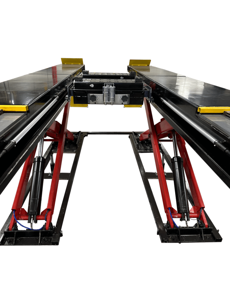 Front view of Coats 4TS14OSSR1FM 14K scissor lift showing dual red hydraulic cylinders and open center