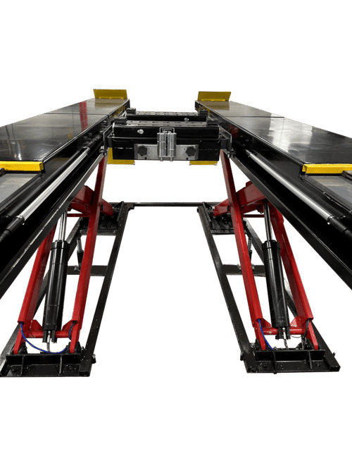 Front view of Coats 4TS14OSSR1FM 14K scissor lift showing dual red hydraulic cylinders and open center
