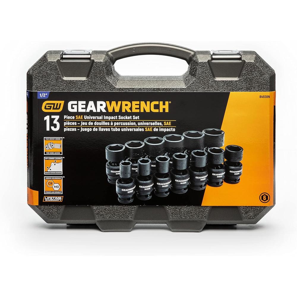 GEARWRENCH 13 Pc. 1/2" Drive 6 Point Standard Universal Impact SAE Socket Set - 84938N