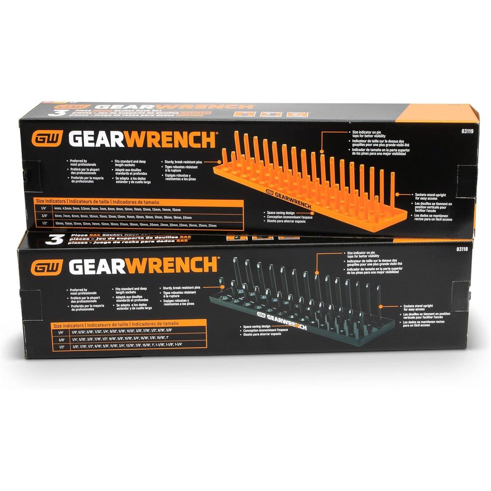 GEARWRENCH 3 Pc. 1/4", 3/8" & 1/2" Drive SAE Socket Storage Tray Set, Black - 83118