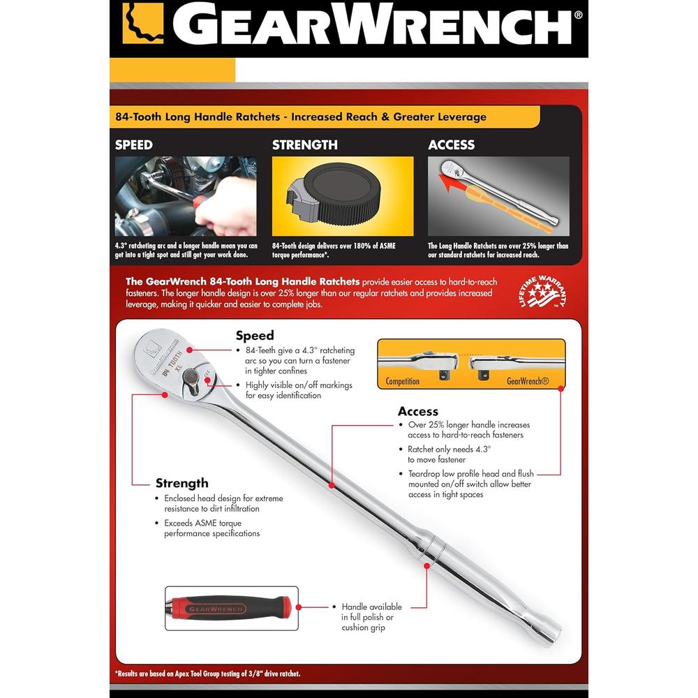 GEARWRENCH 3/8" Drive Long Handle Teardrop Ratchet 11", 84 Tooth - 81264