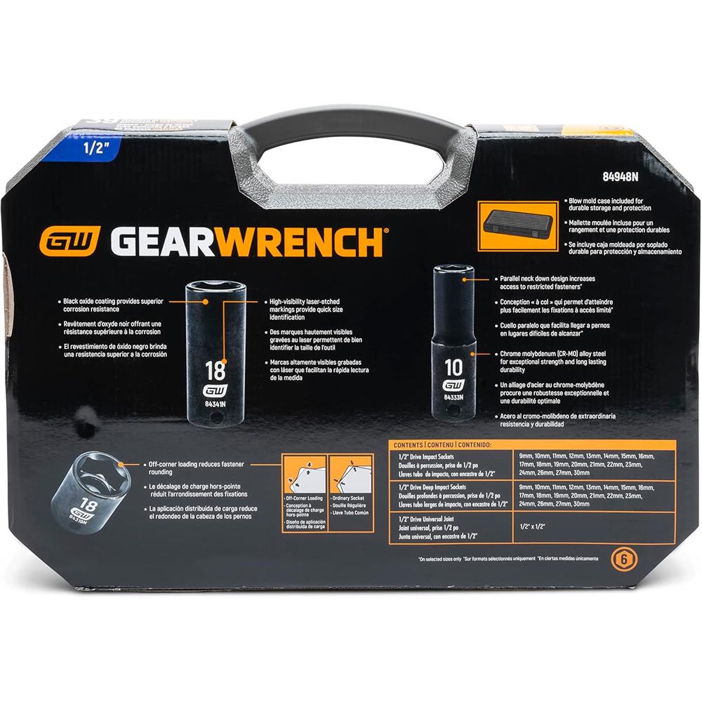 GEARWRENCH 39 Pc. 1/2" Drive 6 Point Standard & Deep Impact Metric Socket Set - 84948N, Black
