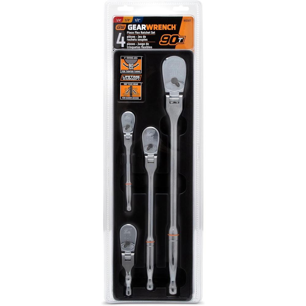 GEARWRENCH 4 Pc 1/4", 3/8" & 1/2" Drive 90 Tooth Flex Head Ratchet Set, Full Polish Chrome - 81230T