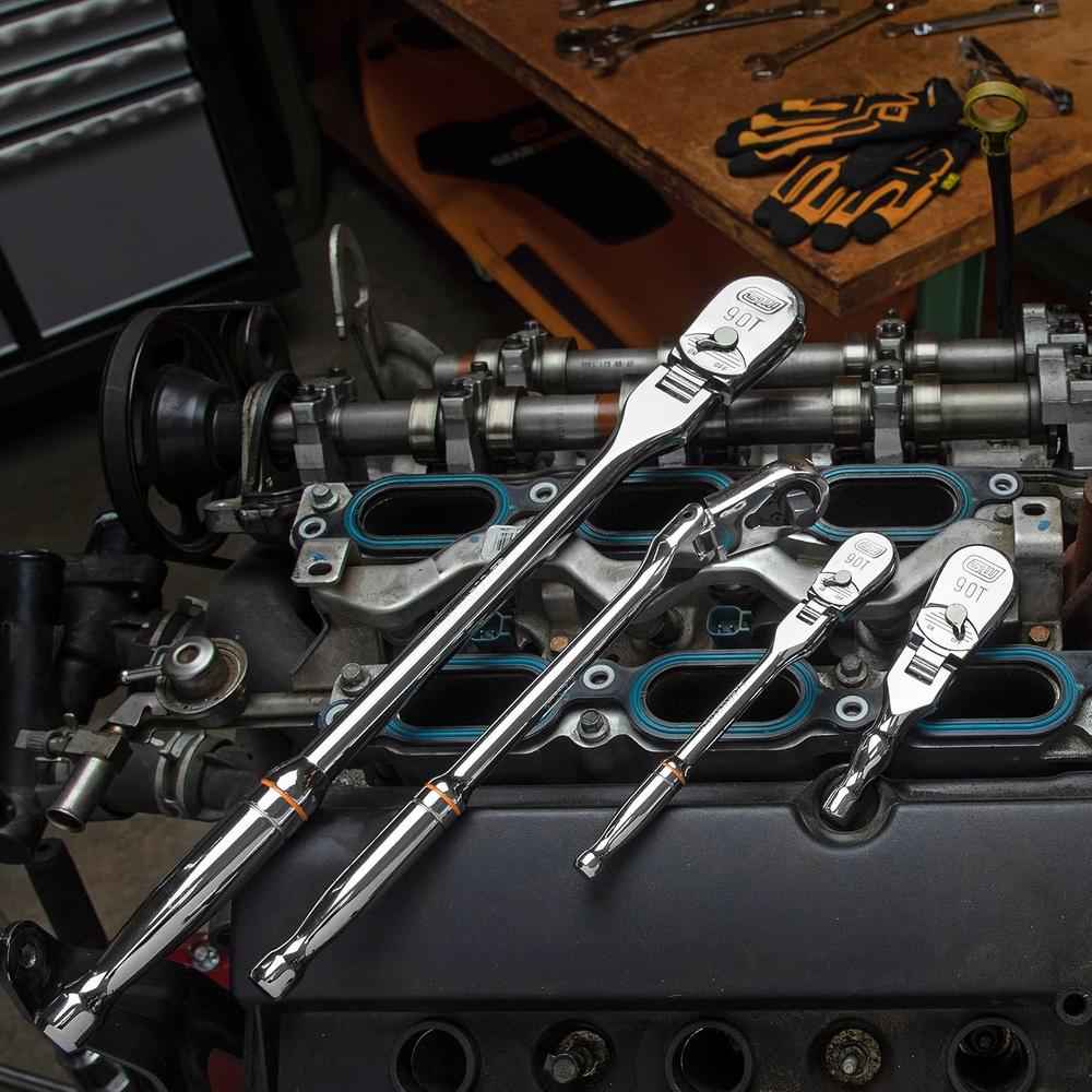 GEARWRENCH 4 Pc 1/4", 3/8" & 1/2" Drive 90 Tooth Flex Head Ratchet Set, Full Polish Chrome - 81230T