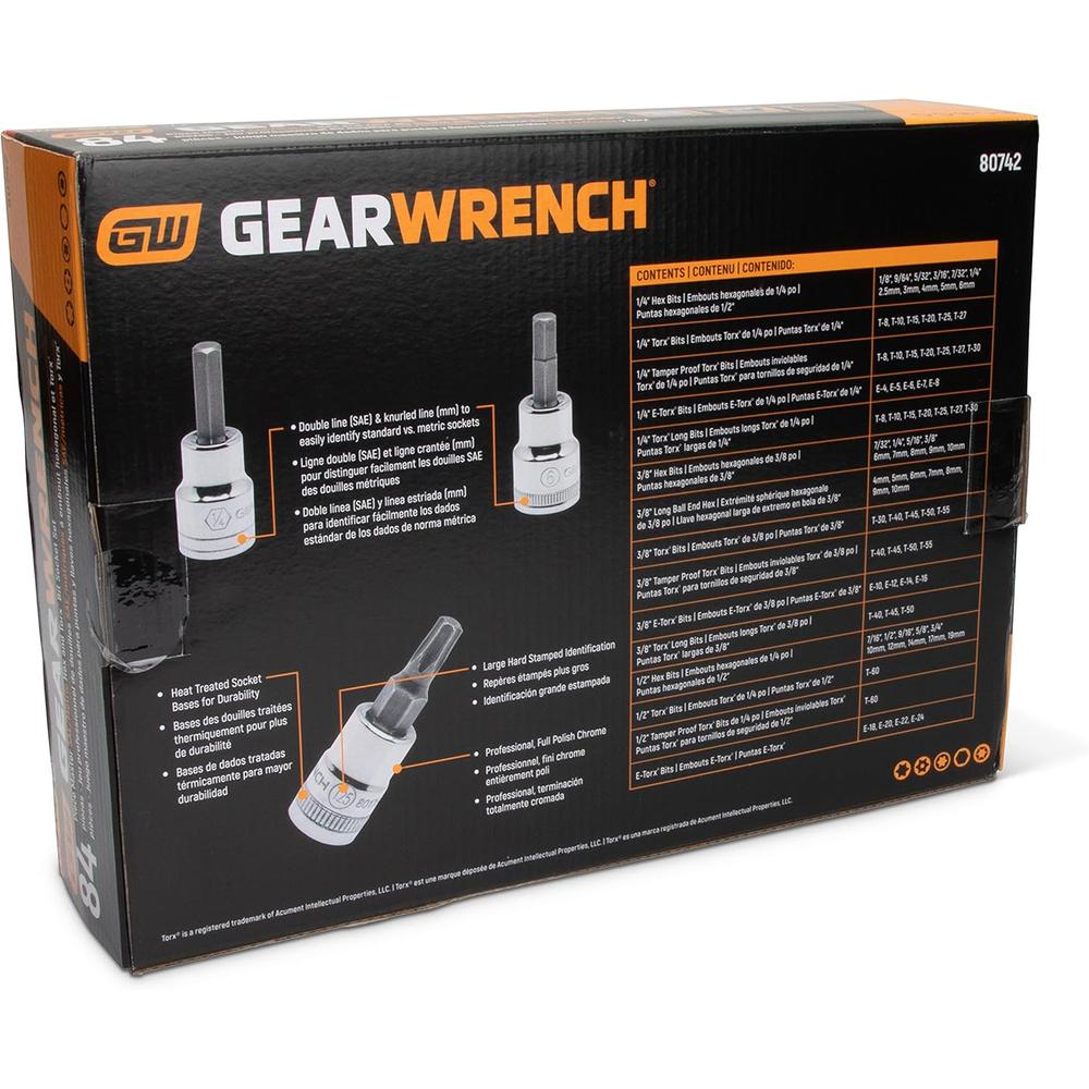GEARWRENCH 84 Pc. 1/4". 3/8" & 1/2" Drive Hex/Ball End Hex/Tamper Proof Torx/E-Torx/Torx SAE/Metric Bit Set - 80742