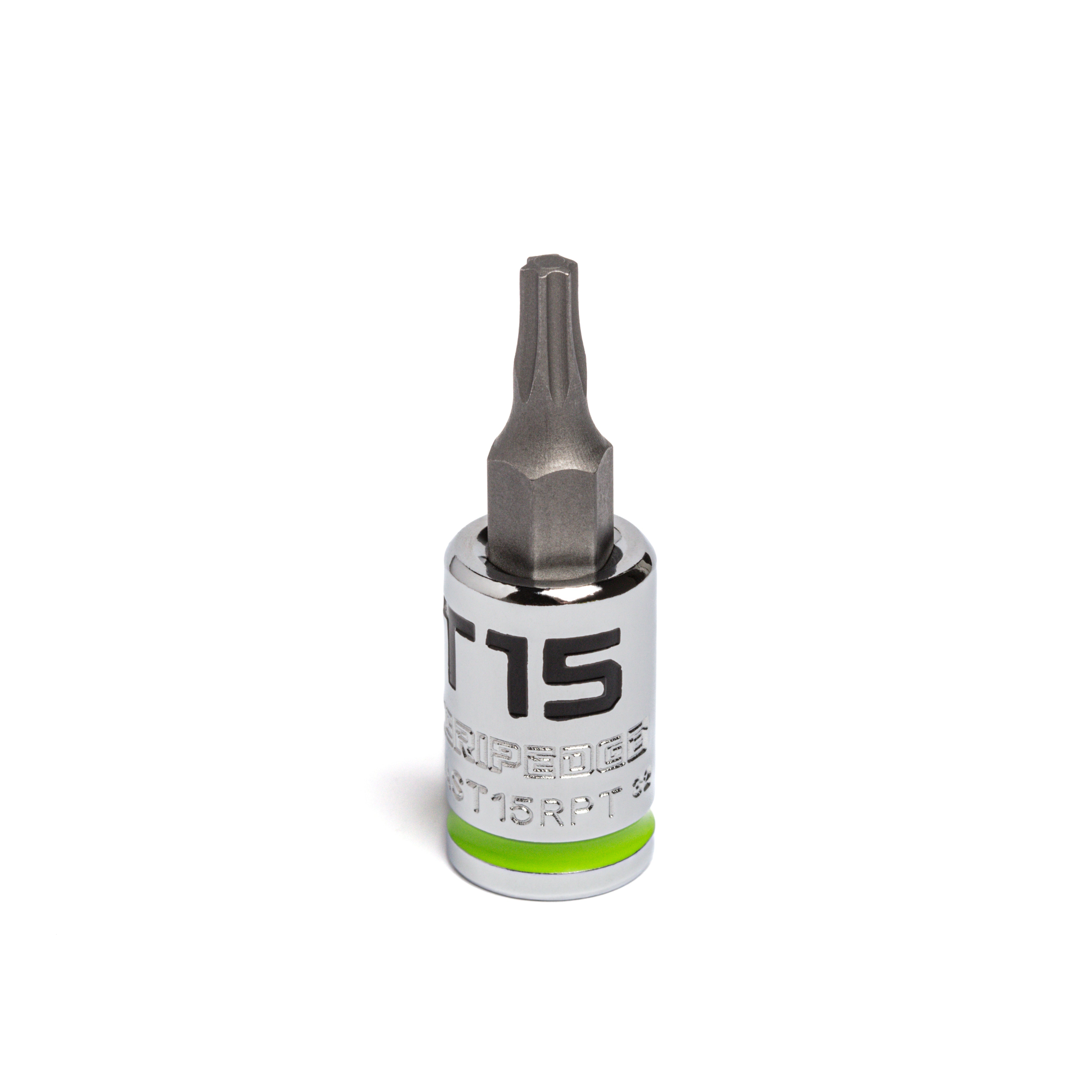 GripEdge GEAST15RPT T15 1/4" Drive RPT Star Bit Socket, chrome body with green accent ring