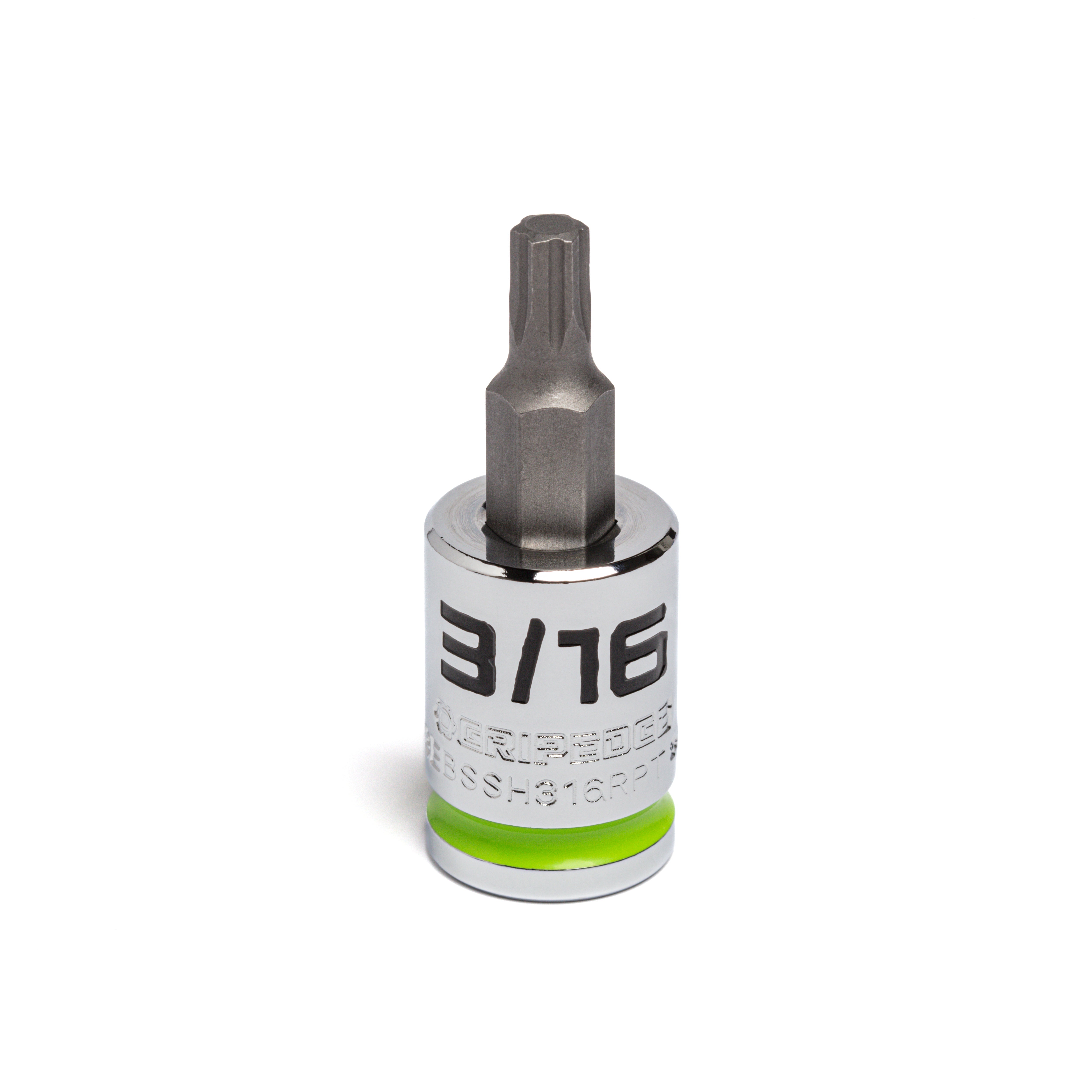 GripEdge GEBSSH316RPT 3/16" 3/8" Drive Short RPT Hex Bit Socket with green accent band, chrome finish, and stamped size marking on white background