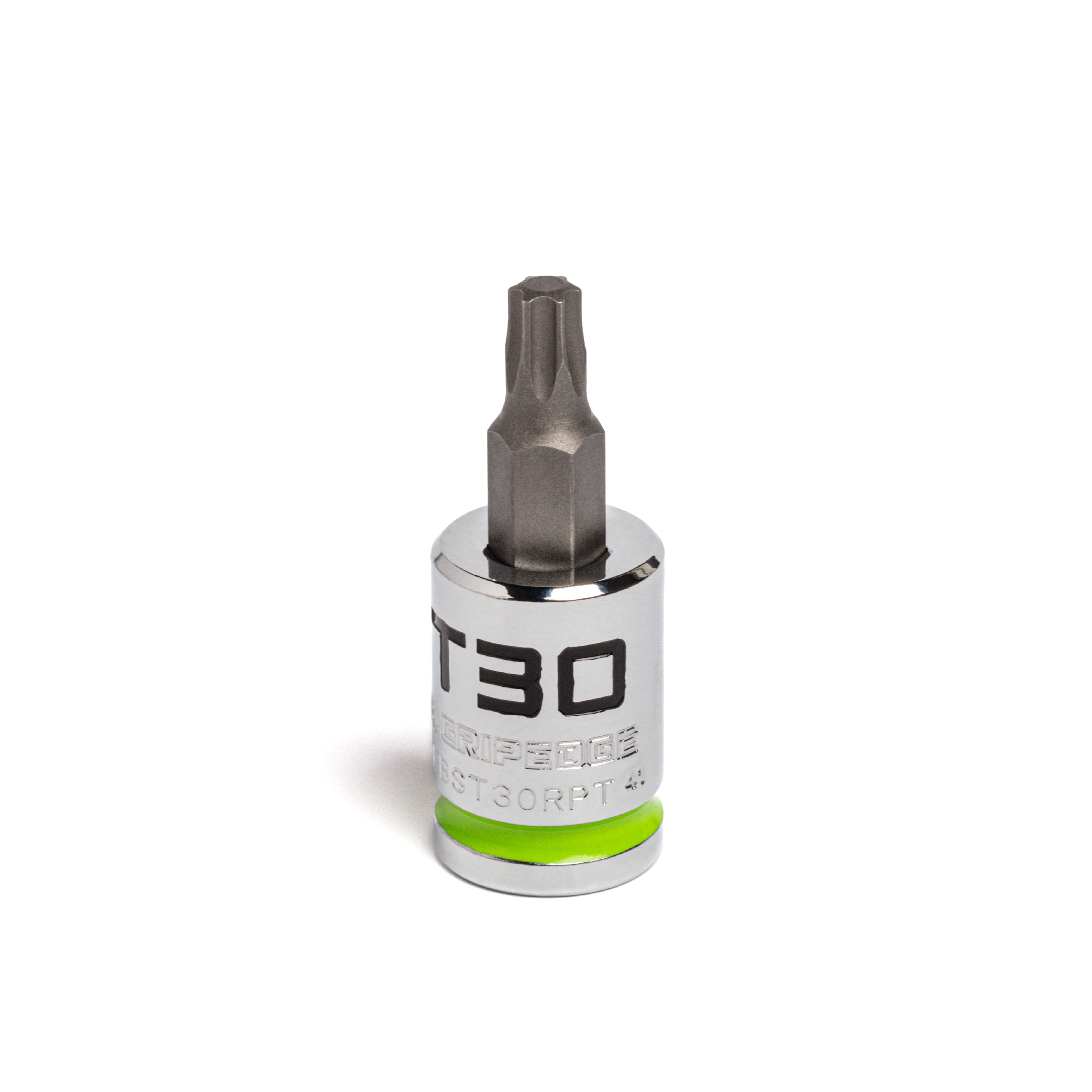 GripEdge GEBST30RPT T30 3/8" Drive RPT Star Bit Socket with chrome body, green identification ring, and T30 star tip