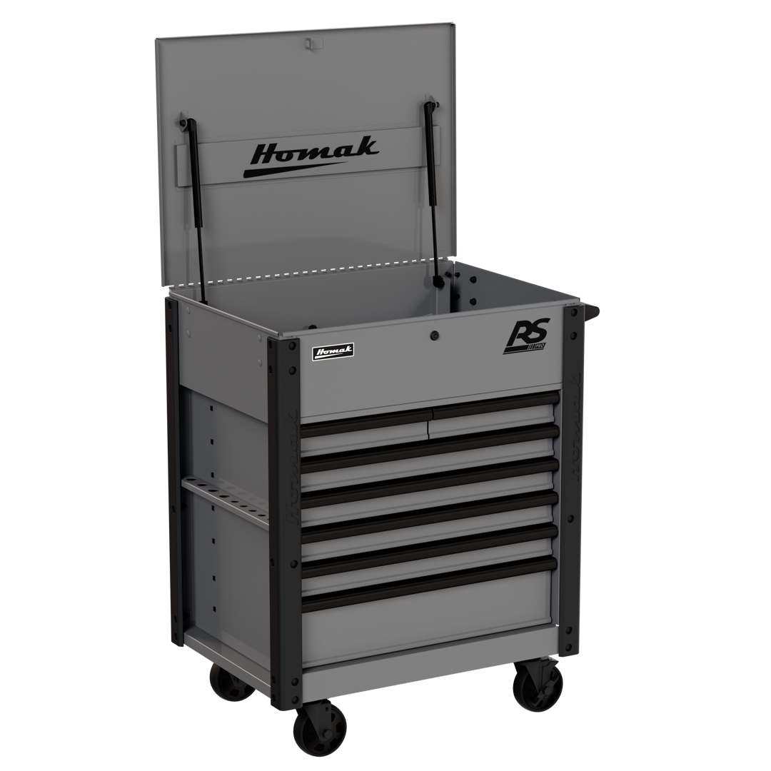 Homak RS Pro 7-Drawer Service Cart in Battleship Gray, open lid 30-degree view showing slotted sides and casters