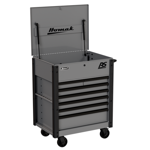 Homak RS Pro 7-Drawer Service Cart in Battleship Gray, open lid 30-degree view showing slotted sides and casters