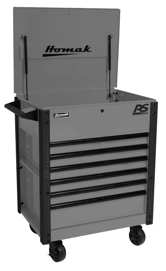 Homak RS Pro 7-Drawer Service Cart in Battleship Gray with lockable flip-top lid open, angled view